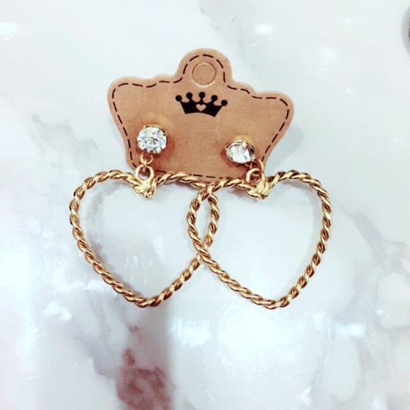 Vintage Jewelry - Gold Tone Bling Twisted Heart Earrings